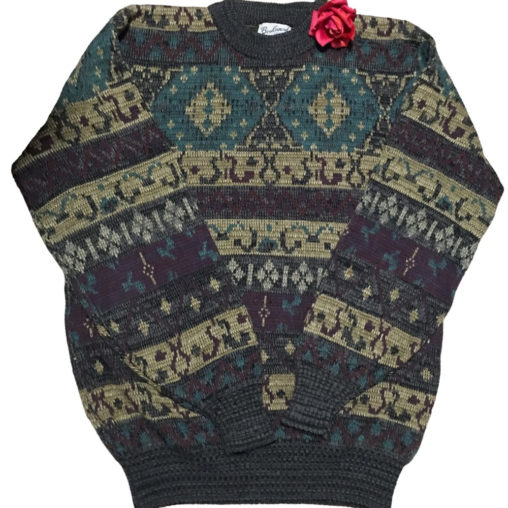 Vtg Boulevard Sport Fair isle Kurt Cobain 2X grandpa fisherman sweater cabincore